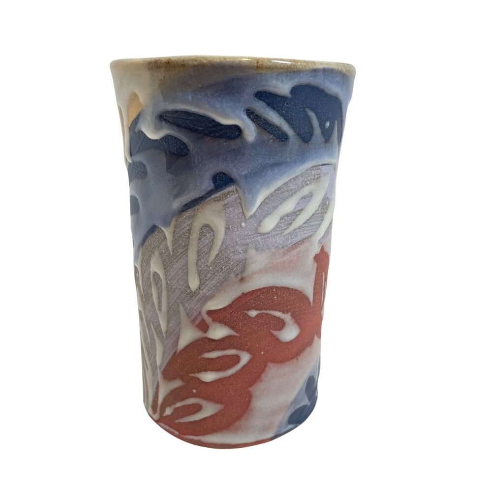 Handcrafted Ceramic Tumbler With Abstract Multicolor Design 6" Tall By Local Pot